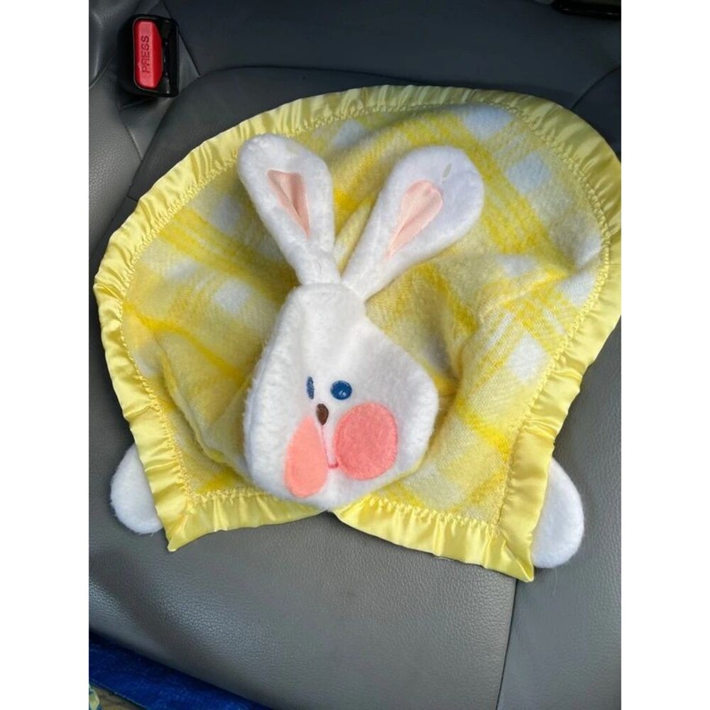 Fisher Price Bunny Rabbit Baby Security Blanket Plaid Yellow Satin Trim 1979 VTG
